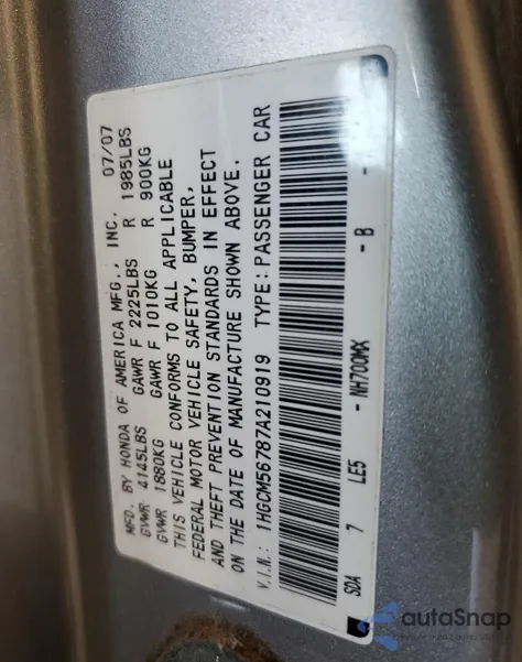 2007 Honda Accord Ex z USA, uszkodzony, nr VIN 1HGCM56787A210919